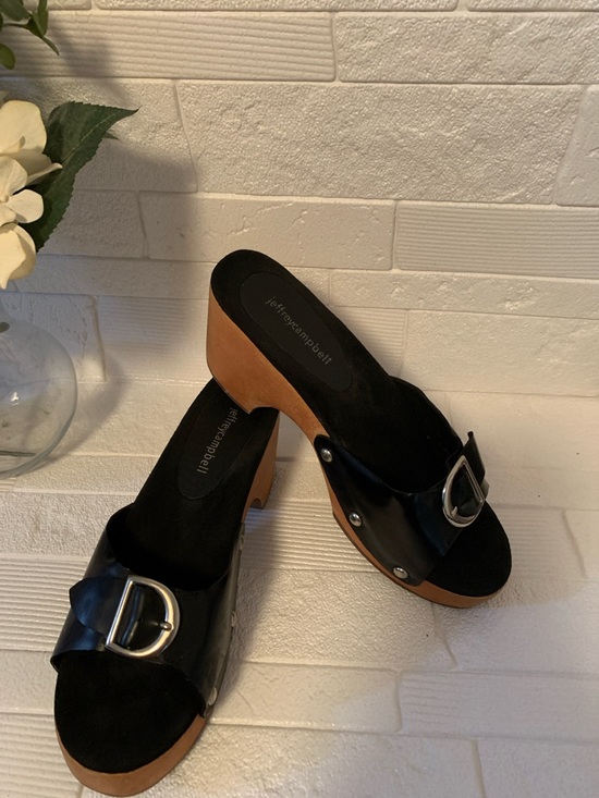 Jeffrey Campbell Shoes - Jeffrey Campbell Black Leather Buckle Clog Mules with Tan Platform